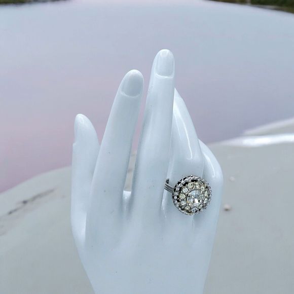 SAC Crystal Gem Ring Vintage Adjustable Gallery Elegant Estate Jewelry Size 7 - Picture 5 of 10